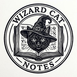 Ícono de Wizard Cat Notes: un gato negro con sombrero de mago sobre un libro abierto